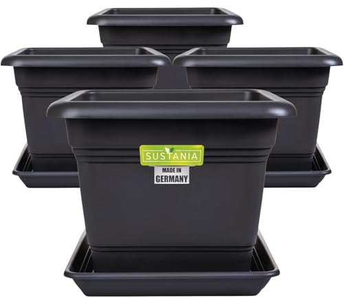 2friends 4er Set Blumenkübel groß außen 28x28 cm - Pflanzkübel & Blumentopf quadratisch aus Premium Kunststoff in Anthrazit, mit Untersetzer, frostsicher, 10 Liter