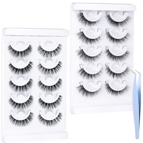 10 Pairs Pre Glued Eyelashes,Self Adhesive Eyelashes,Natural Look False Lashes,Reuseable Press-on Strip Eyelash, No Glue Need Wispy Lash For Beginners, Work and Parties