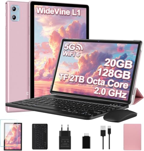 Tablette Android AI Tablette 10 Pouces avec 20Go RAM+128Go ROM(TF/2To),Octa-Core, WiFi 6, 5G+2.4G WiFi, BT 5.0, GMS Certified, Widevine L1, Tablette Tactile 2 en 1 avec Clavier Souris et Cas -Or rose