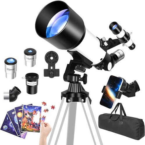 YENGUAN Teleskop 70/400 für Kinder und Anfänger Refraktor Teleskop mit Stativ Sucher Okularen Tragetasche und Weltraum Lernpuzzles für Mond Planeten und Sternbeobachtung