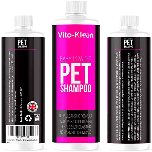 Baby Powder Dog Shampoo 1 Litre Highly Potent Talcum Scent, Aloe Vera Conditioning, PH Balanced, Concentrated 20:1, Odour Control for Smelly Dogs, Sensitive Skin & Puppy Friendly UK Made by Vito-Kleen