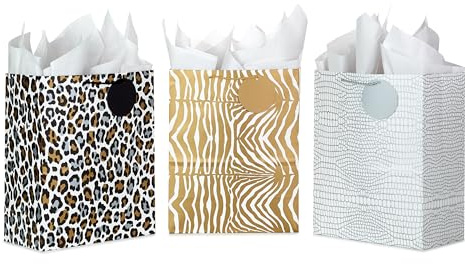 Hallmark Bolsas de regalo grandes con estampado de animales de 13 pulgadas con papel de seda (paquete de 3: cocodrilo plateado, cebra dorada, leopardo) para Navidad, vacaciones, cumpleaños, día de San