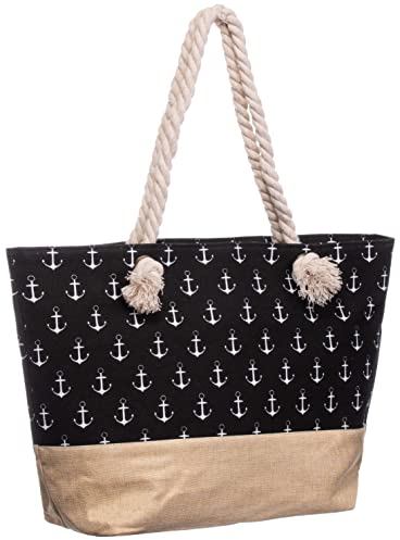 Brandsseller Strandtasche Maritim mit Reißverschluss Canvas ca. 50x36x15 cm Schultertasche Einkaufstasche Badetasche Anker/Schwarz
