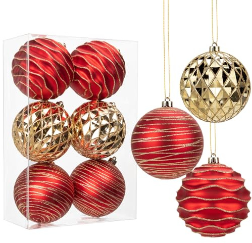 Hollyone Bolas grandes de 10 cm, 6 decoraciones de árbol de Navidad rojas y doradas, adornos colgantes gigantes para decoración de árbol de fiesta de boda