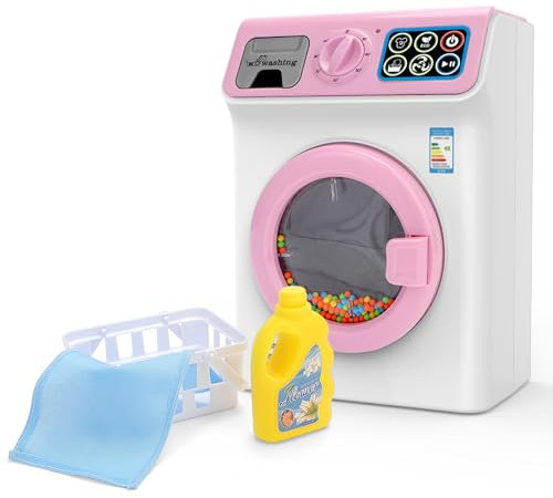 deAO Toy Washing Machine for Kids, Electronic Washing Machine Toys with Realistic Sounds and Washing Accessories, Children's Cleaning Play Set for Boys & Girls (Pink)