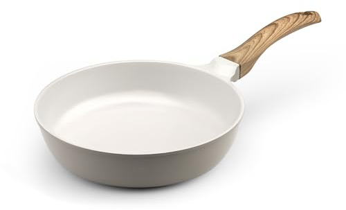 Cuisinox - Mythic - Padella 24 cm con rivestimento in ceramica bianca - Manico fisso Soft Touch effetto legno - Senza PFOA e PFAS - Colori Bianco e Grigio