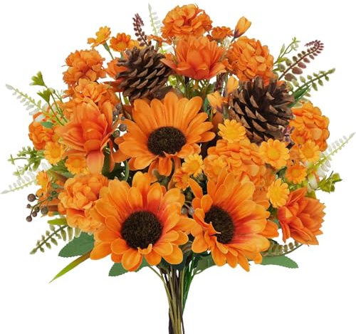 HUAESIN Flores Artificiales Decoracion Hortensias Artificiales Girasoles Artificiales Margaritas Artificiales Flores Artificiales Otoño Decoracion otoño Jardín de Acción de Gracias