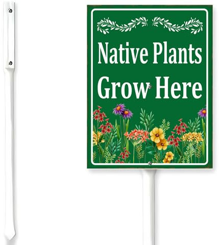 Horienteeon Panneau de jardin avec piquet - Motif plantes natives Grow Here - Antirouille - Pour quartier, rue, fleurs sauvages, ferme, pelouse, allée, porche - Décoration en aluminium - 17,8 x 22,4