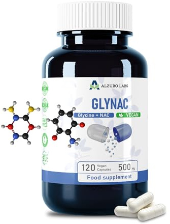 Alzuro Labs GlyNac | 500 mg Högstyrka | 120 Veganska Kapslar | Glycin & NAC Kosttillskott | GMP & Testad av Oberoende Laboratorium