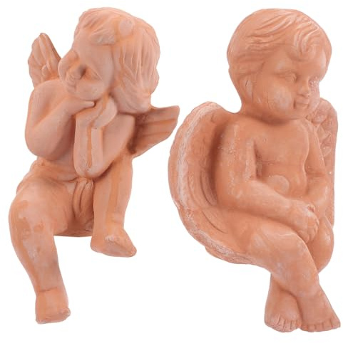DEARMAMY 2 pezzi Decorazione Angelo in Ceramica per Fioriera Interna Scultura in Terracotta Rossa Angelo Elegante per Casa e Giardino