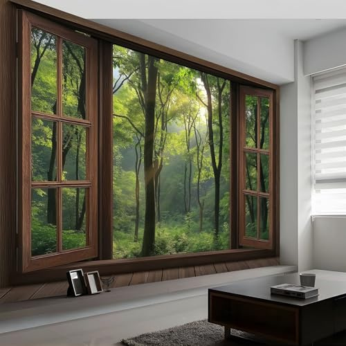 Papel Pintado Murales 400 x 280 cm 3D Bosque Ventana Fotomurales Tejido No Tejido, Murales Fotográfico Moderno Decoración de Paredes para sala, Verde