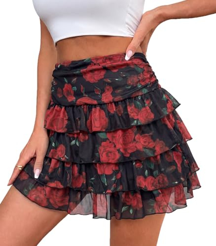 Adigaber Volanger Minikjol för kvinnor med elastisk midja, skiktad tyllkjol med shorts, rosa, M