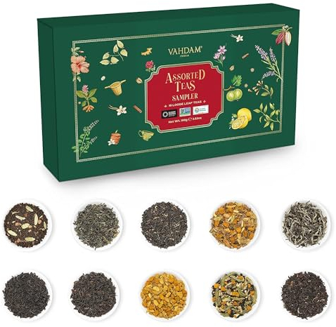 VAHDAM, Assorted Loose Leaf Tea Gift Set (10 Flavors) Gift Ideas for Women & Men | Herbal, Green,Chai & Black Sampler| Non-GMO, Gluten Free | Gifts for Him/Her