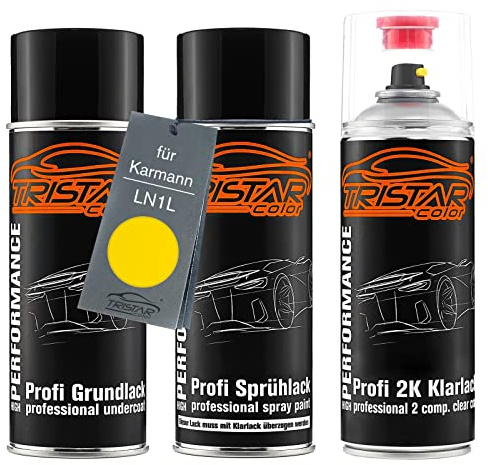 TRISTARcolor Autolack Set Spraydosen für Karmann LN1L Gelb/Yellow +2K | Set aus Grundlack + Basislack + 2K Klarlack, Sprühdosen 400ml