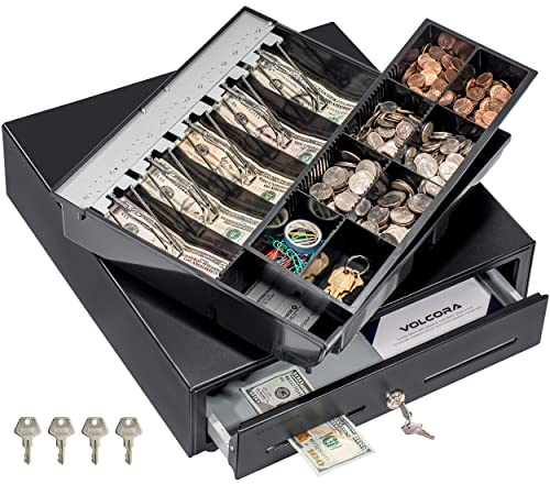 Volcora Cash Register Drawer for Point of Sale (POS) System with Fully Removable 2 Tier Cash Tray, 5 Bill/8 Coin, 12-24V, RJ11/RJ12 Key-Lock, Double Media Slot, Black