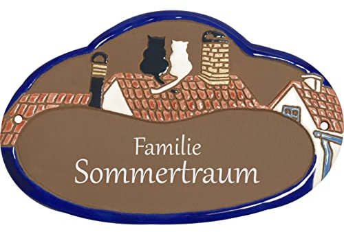 Handarbeit aus Schleswig-Holstein Keramikschild 19,5 x 12,5 cm Motiv Zwei Katzen auf Dachfirst (braun)
