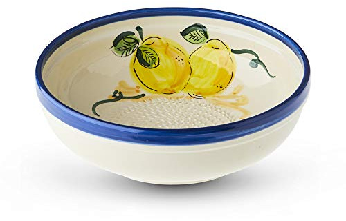 Large Salad Bowl with Garlic Grater. Handmade and Handpainted in Cordoba, Spain. (White Bowl with Blue Rim and Lemon Pattern. 8)