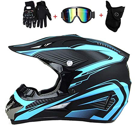 LEENP Motocross-Helm, Herren Damen Crosshelm mit Brillen Maske Handschuhe, Schwarz Blau Motorrad-Helm Off-Road Downhill-Enduro-Helm-ATV-MTB-BMX Dirt Bikes Quad Motorräder Full-Face Schutz-Helm,B,XL