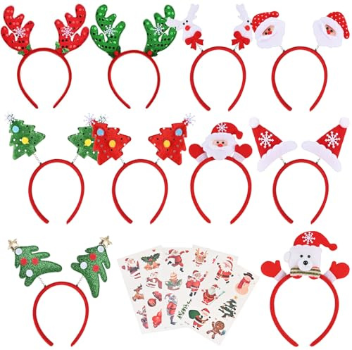 Faburo 10pcs Christmas Headbands Reindeer Antler Snowman Headbands Christmas Sticker for Christmas Holiday Party 10 Styles
