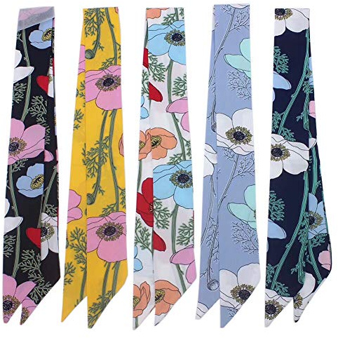 Uainhrt 5pcs Branches and Flowers Pattern Bag Handbag Handle Ribbon Scarf Hair Head Band Neck Scarf Neckerchief Scarf Head Wrap for Women Girls Decoration