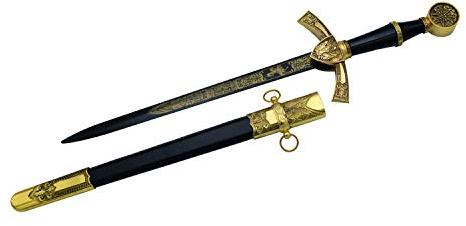 AMONT Mittelalterlicher Dolch 15422, Garde mit Zeichnungen, inoffizielle Nachbildung, schwarzer Griff mit goldenen Details. Gesamtlänge 46,5 cm, Schwarze Stahlklinge, Schwarze Scheide.