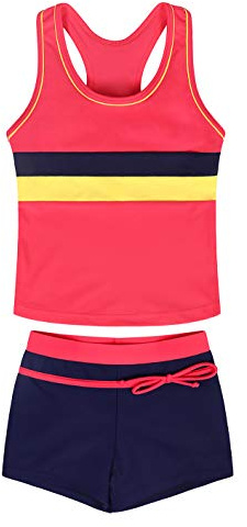 Girls Swimming Costume Kids Two Piece Swimsuit Childs Tankini Sets 2-14Y | Racer Back Tops Swim Shorts Swimwear Summer Holiday Beach Wear Pool Party Bathing Suit