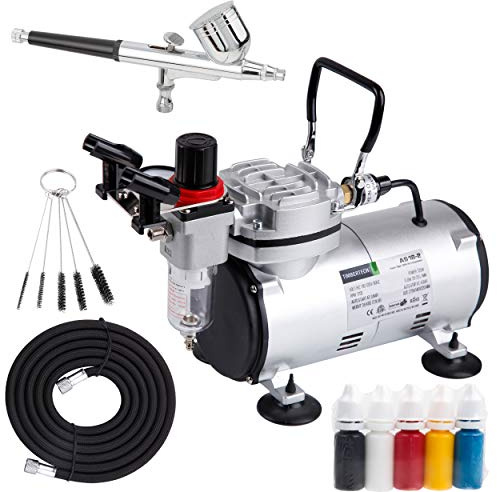 Timbertech Kit de aerógrafo con compresor AS18-2K Kit básico de inicio con manguera de aire, cepillos de limpieza y pinturas de prueba para pasatiempos, tatuajes corporales, pintura de modelos,