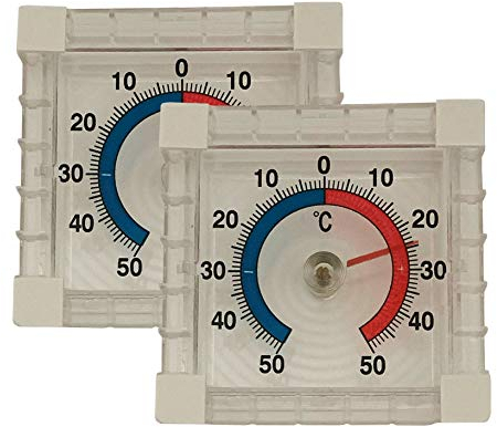 Iloda® 2X Fensterthermometer selbstklebend, transparent und analog ca. 7,5x7,5cm aus Kunststoff, Außenthermometer für Fenster, Thermometer Außen