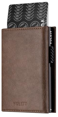 VULKIT - Portatarjetas de crédito Bloqueador RFID con Cartera de Tarjetas Pop Up de Piel auténtica con Compartimento para Billetes de Banco, Ventana de identificación, Bolsillo para Monedas y Cierre