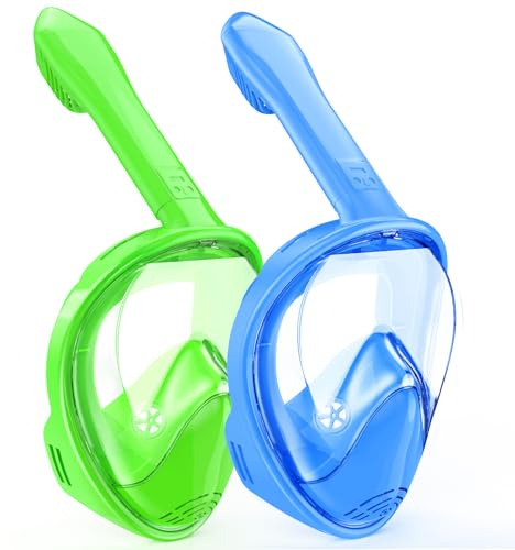 Kids Snorkel Mask Full Face, Snorkeling Gear for Kids 2-14 with Camera Mount, 180 Degree Panoramic View Snorkeling Set Anti-Fog Anti-Leak (Blue Green)
