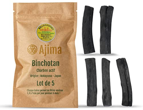 Ajima Binchotan Charbon Actif Eau - Baton de Charbon Bio Purificateur d'Eau Naturel x5 - Chaque Baton Filtre Environ 1.5 L - Charbon de Chêne de Wakayama Vrai - Idéal pour Filtrer l'Eau en Carafe