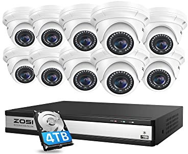 ZOSI 16CH 4K POE Security Camera System Night Vision, 10 x 5MP PoE Cameras | H.265+ 8MP CCTV PoE NVR System with 4TB HDD for 24/7 Recording, IP66 Weatherproof Wired PoE Security Camera, Motion Detection