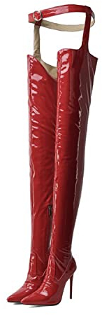 WOkismD Sexy Overknee-Stiefel für Damen aus Lackleder Stretch Seitlicher Reißverschluss Oberschenkelhohe Stiefelhose mit Gürtel Pole Dance Stiletto High Heels,Rot,46