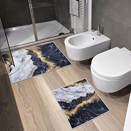 e-floor 2X Badematte | 50x40cm + 50x80cm | Marmor | Anti-Rutsch | Badteppich | Badvorleger | Duschvorleger | Duschmatte | Rutschhemmend | Ultraweich | Saugfähig