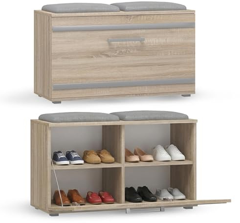 CDF Schuhschrank Opal | Farbe: Eiche Sonoma | Ideal für Diele, Flur, Büro | Schuhaufbewahrung | bequemer Sitz | 4 Schuhregale | modern | Flügeltür