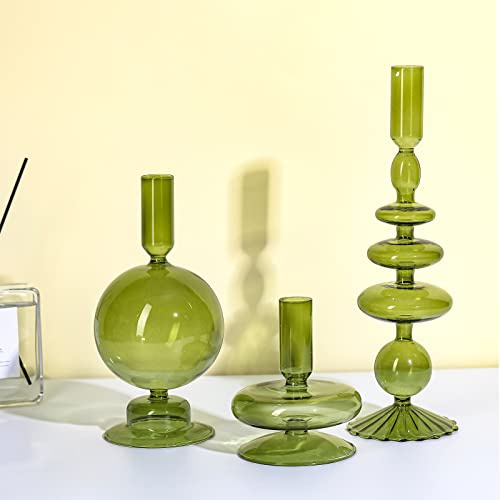 Rtteri 3 Pcs Glass Candlestick Holders Glass Candle Holders Groovy Wavy Elegant Taper Candle Stick for Wedding Home Birthday Party Easter St Patricks Day Decoration Windowsill Decor(Green)