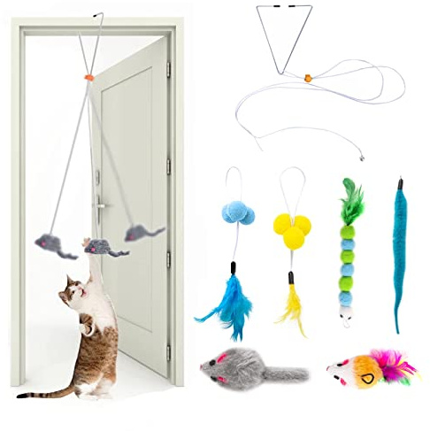 AWAVM 7 Stück Selbstspiel-Katzenspielzeug zum Aufhängen für den Innenbereich, interaktives Katzenspielzeug Maus für Jagd, Training, Katzen-Langeweile (zufällige Farbe)