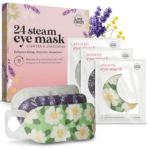 LivaClean 24 Steam Eye Mask for Dry Eyes, Dark Circles & Puffiness, Warm & Self Heating, Ear Hooks to Stay On, Lavendar, Chamile & Unscented, Disposable