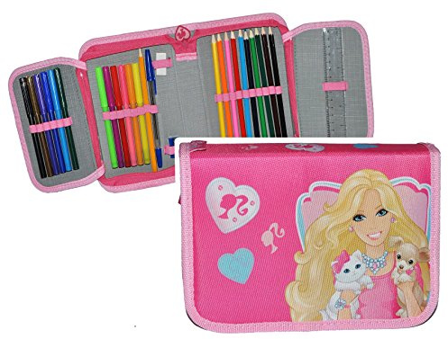 29 TLG. Federmappe/Stiftemappe - gefüllt - kompatibel mit Barbie - mit Stiften und Lineal - Schüleretui - für Kinder - Schiefermappe Kindergarten Schule..