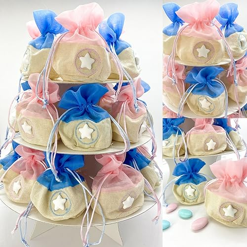 Doni Bomboniere Alzata in Cartone Bianco con sacchettini portaconfetti in 2 Colori, celesti e Rosa, con gessetto Stellina, Personalizzabile. Bomboniera per Nascita, Battesimo per Gemelli (FF - 18 pz)