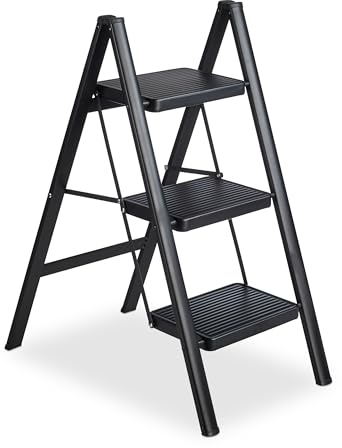 Relaxdays Trittleiter klappbar, 3 Stufen, leichte Treppenleiter Stahl, Leiter bis 120 kg, HxBxT 85 x 42 x 66 cm, schwarz