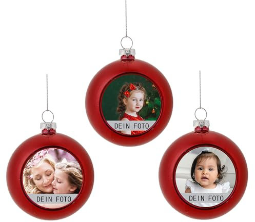 MilyaDE 3 Stück Weihnachtskugeln mit eigenem Bild, Kunststoff innen Glitzer Lametta 6cm, Christbaumkugeln Personalisierte selbst gestalten, Rot