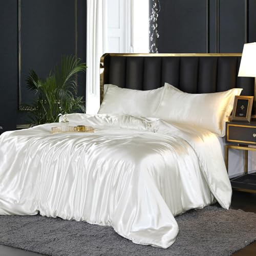 DXHOME Satin Bettwäsche Glänzend 220x240 Weiß Beige Creme Seide Glatt Luxus Glanzsatin Einfarbig Weiße Bettwäsche Set Microfaser Bettbezug Doppelbett Set mit Reissverschluss und Kissenbezüge 80x80 cm