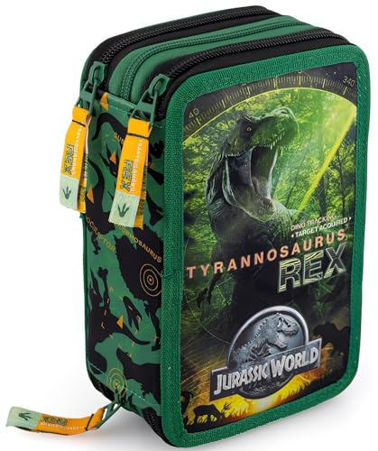 Clondo 3-Fach Federmäppchen für Jurassic World Fan – 45-teilig, komplett gefüllt – mit 2 löschbaren Gelstiften, Schere, Kleber, Buntstiften – Schwarz und Gelb – ideal für Schule & als Geschenk