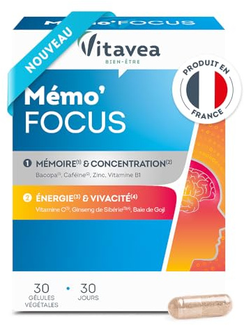 Vitavea Bien-être - Mémo'Focus - Bacopa Caféine Mémoire & Énergie - 1 mois | Concentration & Vivacité Mentale - Vitamine C Réduction Fatigue - Ginseng de Sibérie - Goji - Fabriqué en France