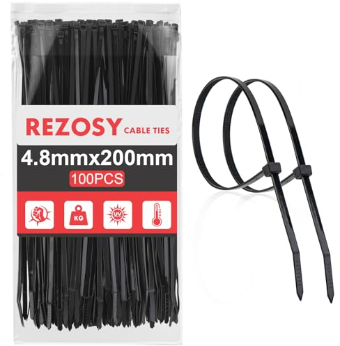 REZOSY Kabelbinder Schwarz 200mm x 4.8mm, 100 Stück Zugfestigkeit 22kg, UV-beständig，Für viele Gelegenheiten geeignet, zum Organisieren von Kabeln, Haushalt, Büro