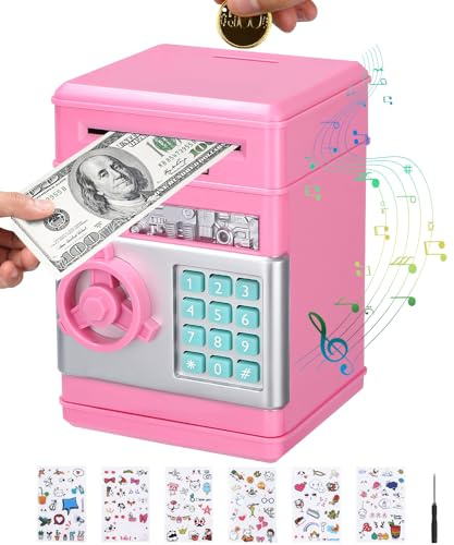 Birshe Caja Fuerte Niños,Hucha electrónica,Hucha Cajero Automatico,con Bloqueo de Contraseña & Automático de Dinero,Juguete Divertido Regalo Hucha Caja Fuerte para Monedas y Billetes Rosa