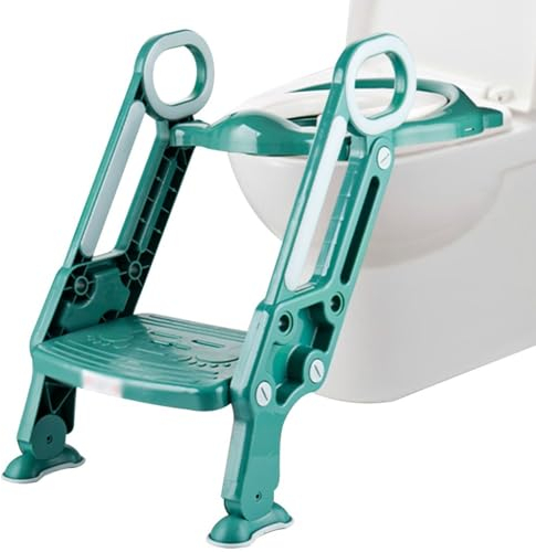 WC Trainer Toilettensitz Mit Treppe Faltbar Toilettentrainer Mit Treppe Mit Spritzschutz, Verstellbare Höhe Toiletten-Trainer Für Jungen Und Mädchen, Belastbarkeit 75kg ( Color : Green , S : 65*13.6*3