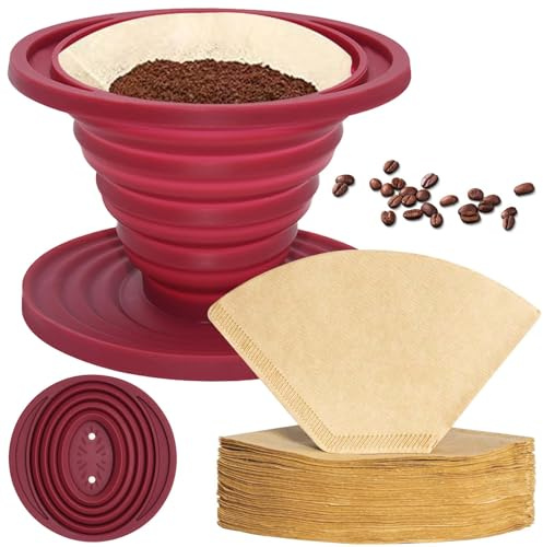 Silikon Kaffee Tropfer Tragbarer, Kaffeefilterhalter, Faltbarer Kaffee Tropfer, Wiederverwendbarer Silikon-Kaffeefilterhalter für Zuhause, Camping, Büro, Reisen, Café, mit 50 Filterpapier(Rot)