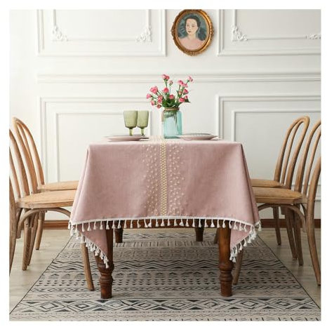 BCughia Tischdecke 100x160 Rechteckig, Tischdecke Abwaschbar Polyester Klein Punkte mit Quasten Tischbedeckung für Küche Esstisch Dekoration, Rosa Gold